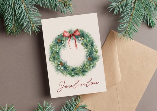 Joulukortti | Kranssi Punaisella Rusetilla